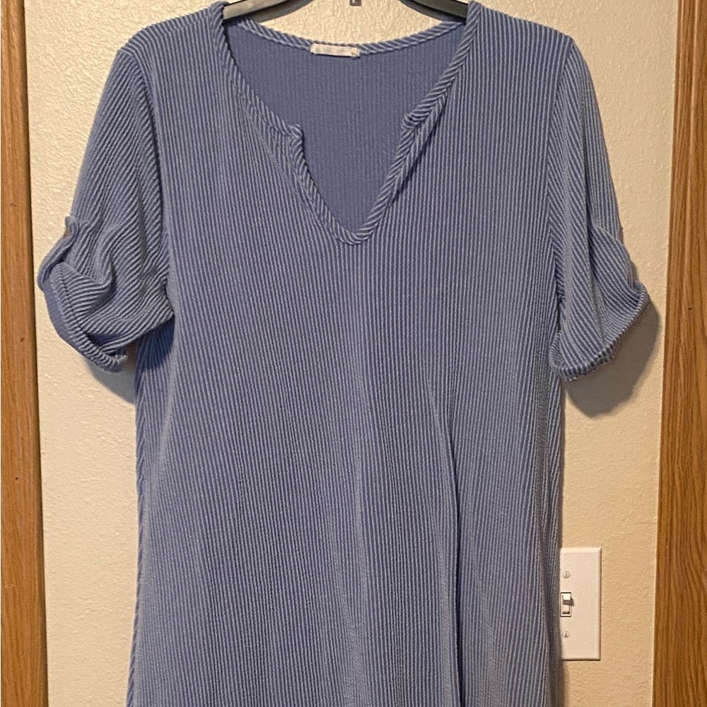 HEIMISH USA Dusty Blue Ribbed V-Neck Short Sleeve Top